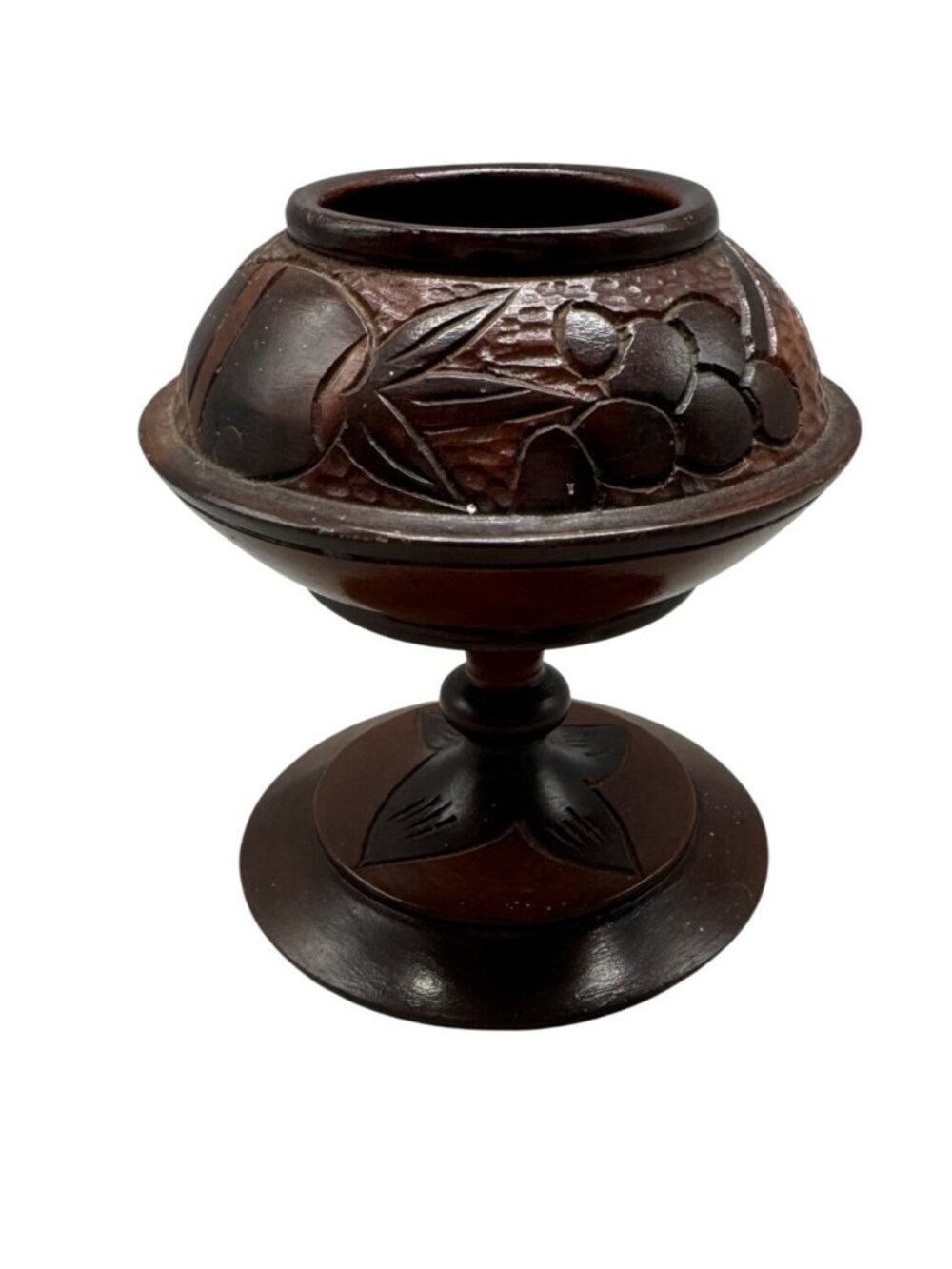Hand-Carved Wooden Pedestal Bowl boho Floral & Fruit Designs Rustic Decor READ